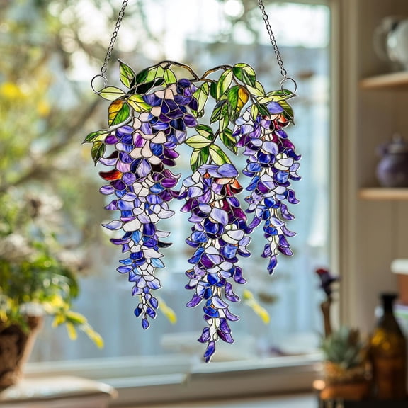 Wisteria Branch Acrylic Suncatcher, Wisteria Flower Window Hanging, Floral Window Decor for Garden