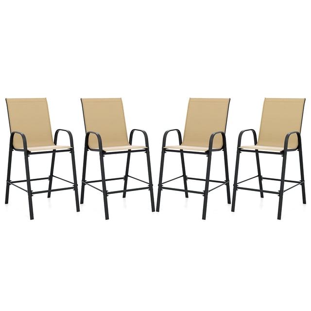 Gymax 4PCS Outdoor Bar Stools 29'' Fabric Bar Height Stools w/ Armrests & Footrest Beige