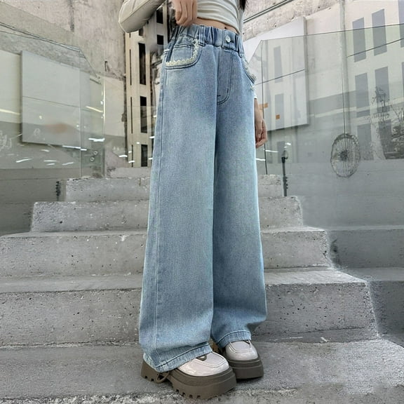 Baggy Jeans Kids Pull on Jeans Wide Leg Jean Denim Pants Sports Outdoor Loose Pants for kids Girls Boys Pants Size 4T