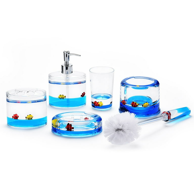 blue lagoon fish bathroom accessories Locco Decor 5 Piece Acrylic Liquid 3D Floating Motion Bathroom Vanity Accessory Set Fish