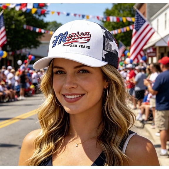 Men 250th Anniversary Patriotic Trucker Hat Flag Embroidery Breathable Mesh Back Adjustable Snapback Baseball Cap for Summer Outdoor (White)