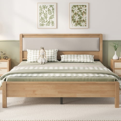 HICOMILA Wooden Platform Bed with Upholstered Headboard