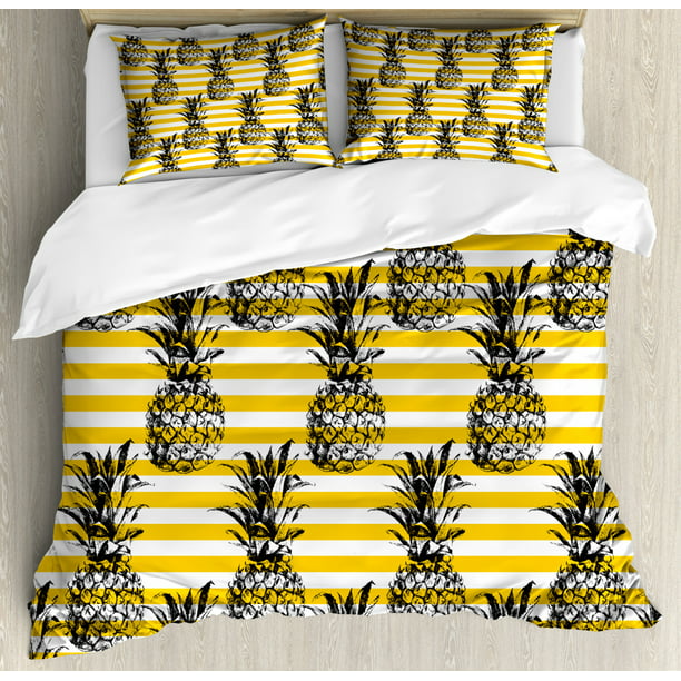 Grunge Duvet Cover Set Retro Striped Background With Pineapple