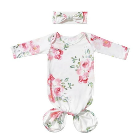 

Baby Outfit Knotted Sleep Gown Sleepwear Baby Knot Floral Long Sleeve Sleeping Gown With Headband Set