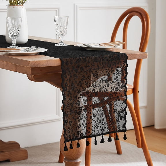 Nvzi black lace short tassel tablecloth 12×86.61 inches, Christmas party country bohemian style table flag, holiday table decoration table flag, wedding/Christmas table cloth -1 piece, style C