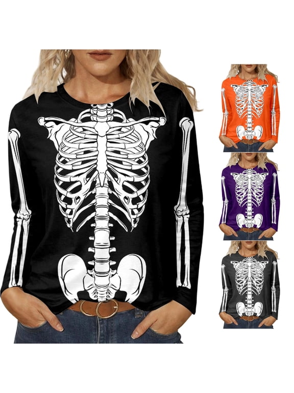Womens Halloween Top Skeleton Rib Cage Arm Bone Print Long Sleeve Crew Neck Autumn Casual Pullover Shirt