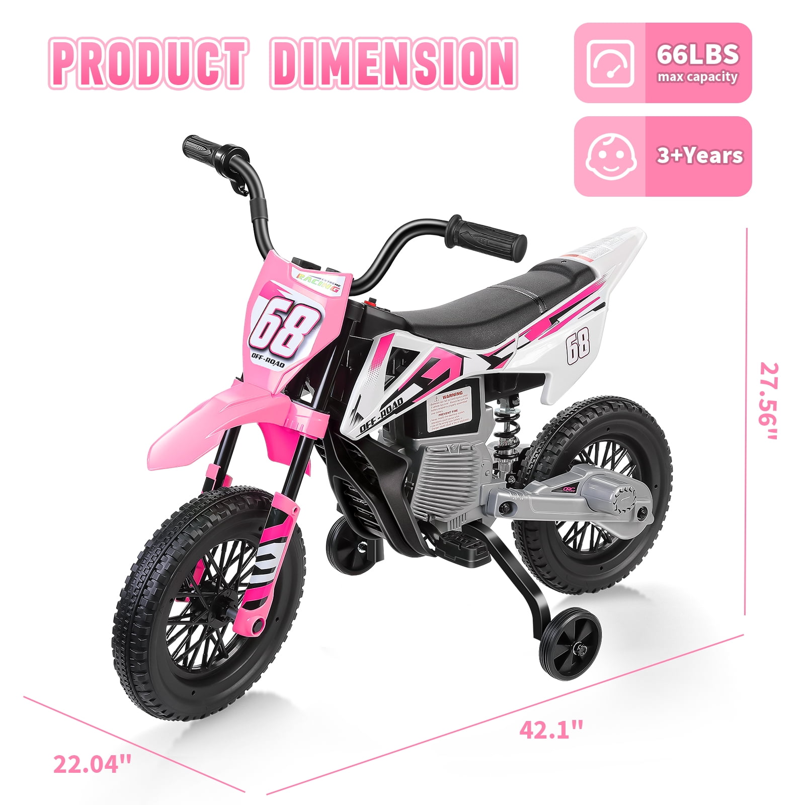 Farmdex 12V Electric Dirt Bike, Kids Ride on Motorcycle with 2 Training Wheels, Electric Motorcycle for Kids with Twist Grip Throttle, Built-in Music, 30W*2 Motors, Pink