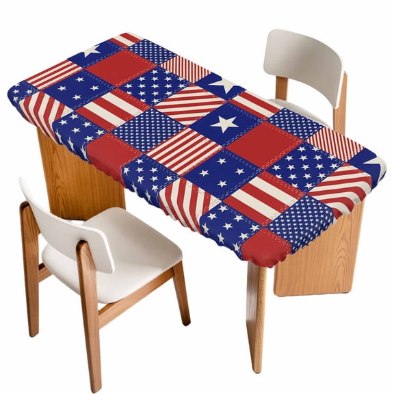 Independence Day Table Cloths for 4 Foot Rectangle Tables, US Flag Star Stripe Vintage Patio Waterproof Elastic Fitted Tablecloths, Washable Rectangular Table Cover for Camping