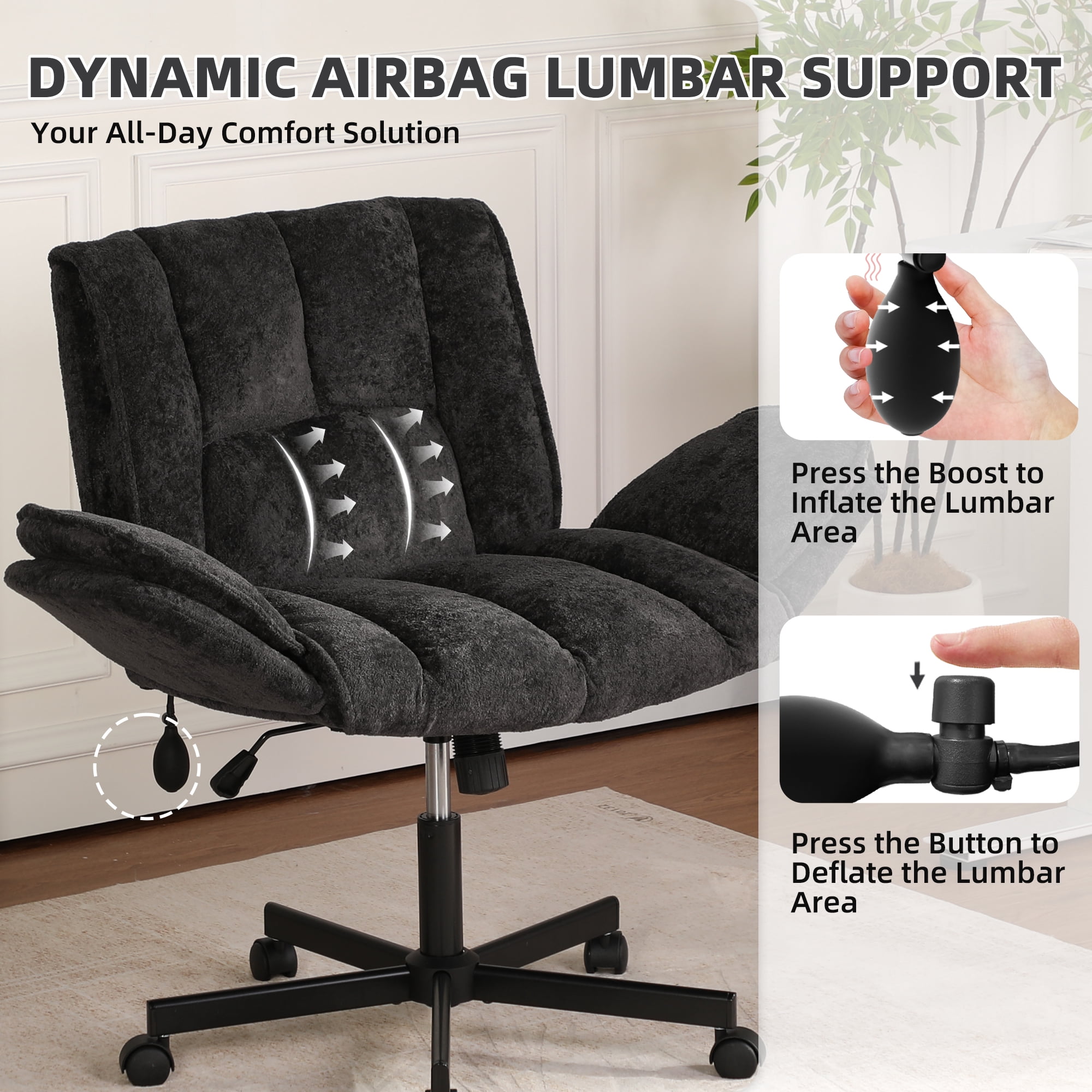 Cross Legged Office Chair with Wheels & Dynamic Airbag Lumbar Support, Criss Cross Wide Seat, 5-Position Fold-Down Armrests, Swivel Vanity Chair for Home Office, Black