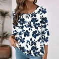 thumbnail image 4 of Womens Tops 3/4 Sleeves Printed Button-up T-shirt Round Neck Top Shirt Navy L,Tops for Women, 4 of 6
