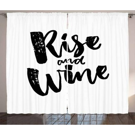 Funny Words Curtains 2 Panels Set, Rise and Wine Brush Calligraphy Quote Humorous Saying Drink Motivation Fun, Window Drapes for Living Room Bedroom, 108W X 90L Inches, Black and White, by