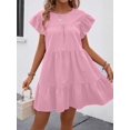 thumbnail image 6 of Pink Solid Ruffle Hem Smock Dress With Flutter Sleeves For Casual Holiday Wear, 6 of 6