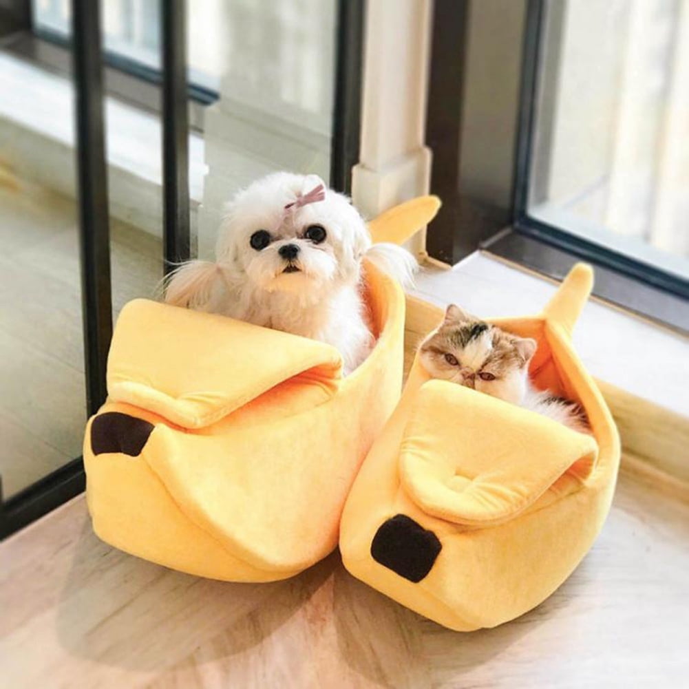 YERZ Cat Banana Bed House,Warm Soft Punny Dogs Sofa Sleeping Playing Resting Bed M,Beige Lovely Pet Supplies for Cats Kittens Rabbit 