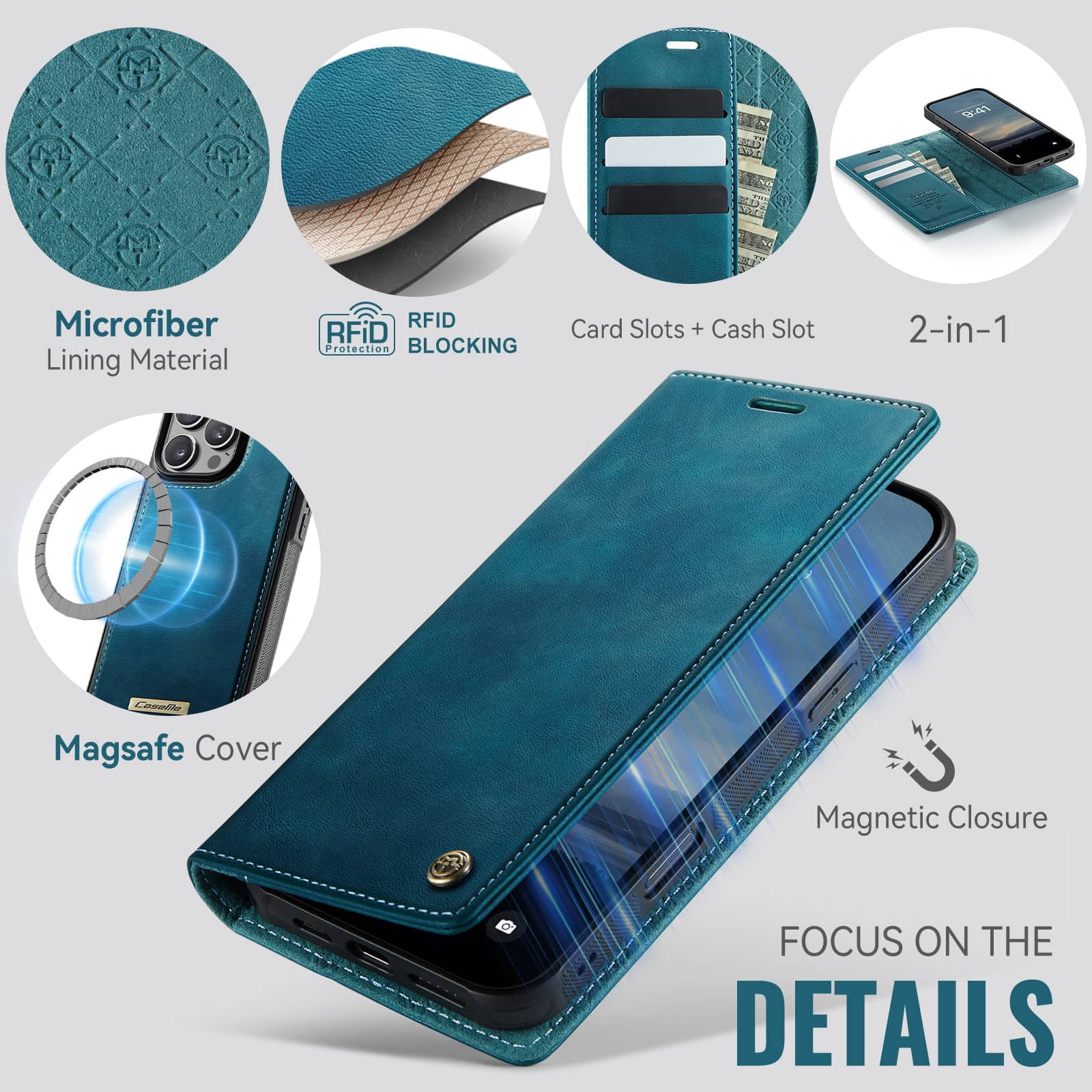Magnetic 2 in 1 Magsafe Detachable Wallet Case for iPhone 16 Pro Max with Card Holder Women Men, Retro PU Leather【RFID Blocking】Kickstand Shockproof Cover
