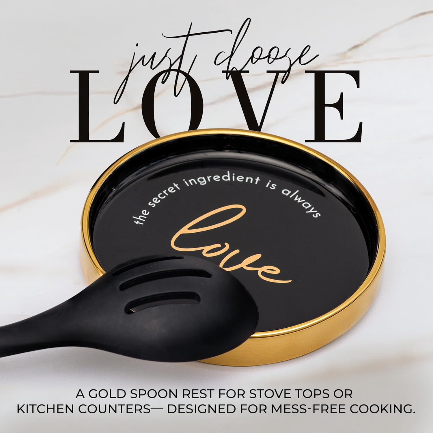 Styled Settings Black and Gold Kitchen Utensils Set – 8 Piece Silicone Cooking Utensils with Gold Handles, Black Ceramic Utensil Holder and Spoon Rest, Nonstick Safe and Heat Resistant