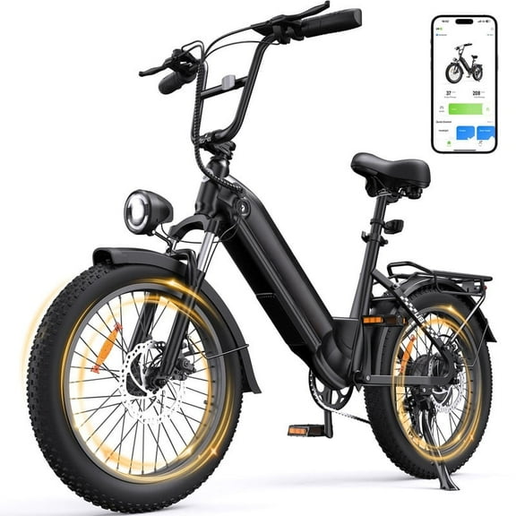 750W Electric Bike for Adults,48V 13Ah Removable Battery,20MPH,20" Fat Tire E-Bike,7-Speed Gearing,LCD Display,Step-Thru Frame,Black