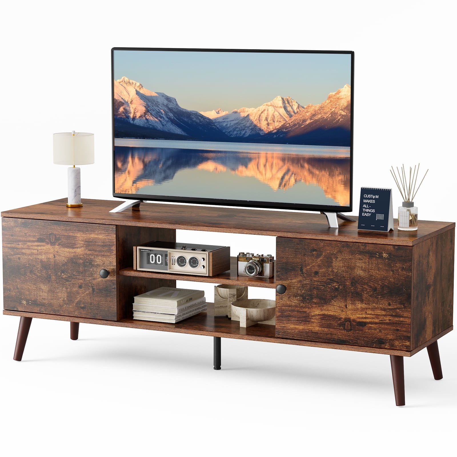 EDX Mid Century TV Stand for 55-60 Inch TVs, Brown