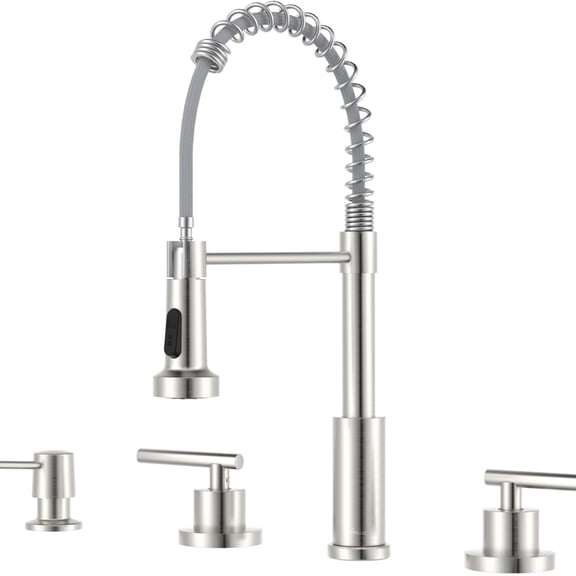4 Hole Kitchen Faucet, 2 Handle Kitchen Faucets with Soap Dispenser, Pull Down Sprayer, 3 or 4 Hole Sink Faucet for Bar, Faucets for Sink, Brushed Nickel