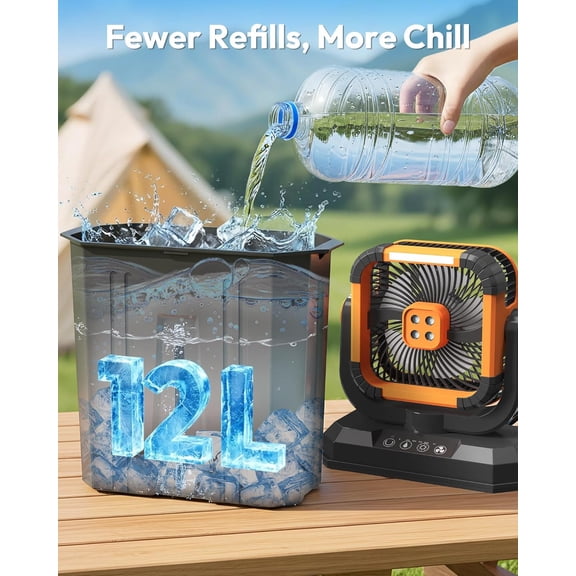 Portable Misting Fan with 12L Bucket & 20000mAh Battery, 120 ° Oscillation, 4 Speed Levels, 3 Mist Modes, RGB Lights – Outdoor Cooling Misting Fans for Patios, Camping, Outside