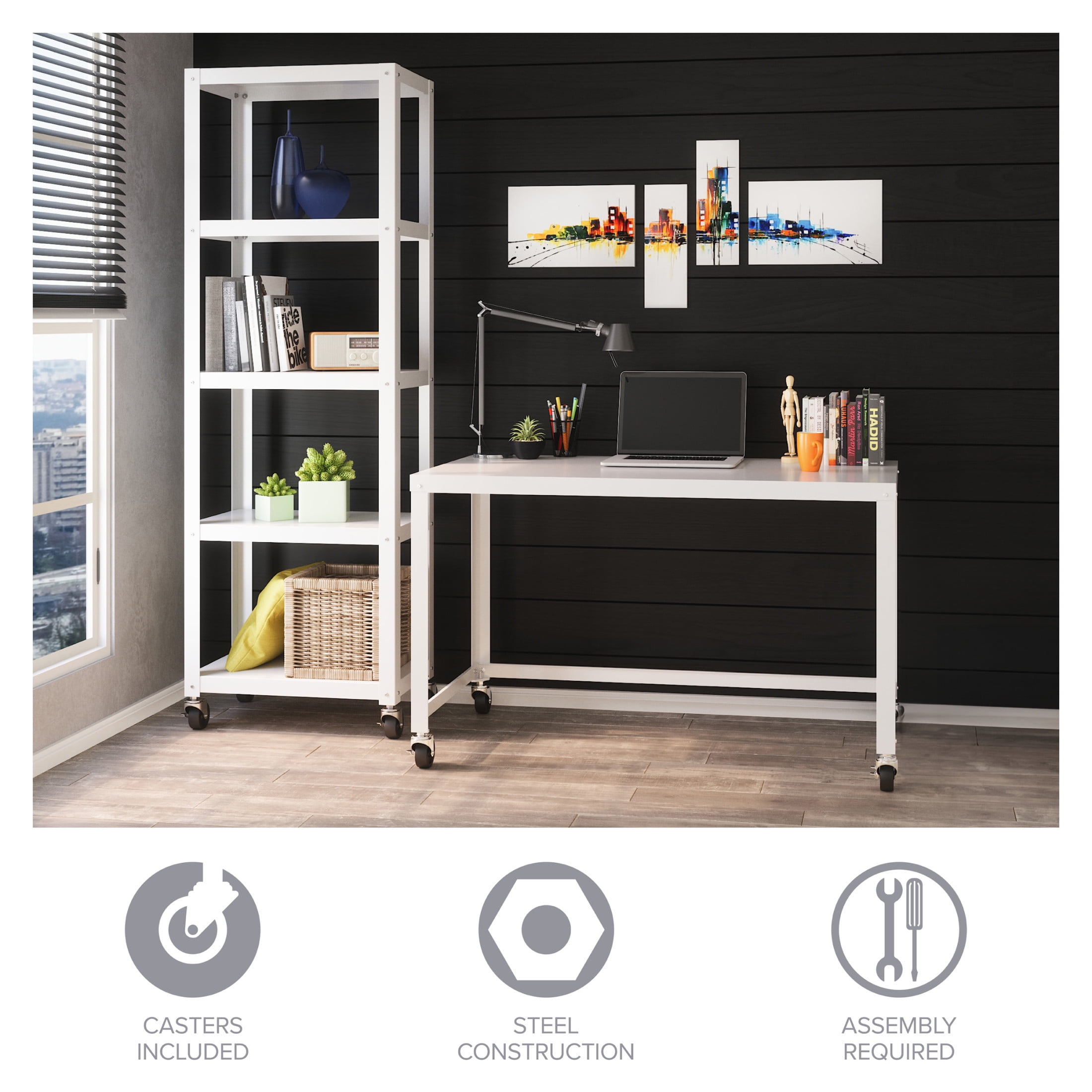Hirsh Ready-to-Assemble 48-inch Wide Mobile Metal Desk for Home Office, White