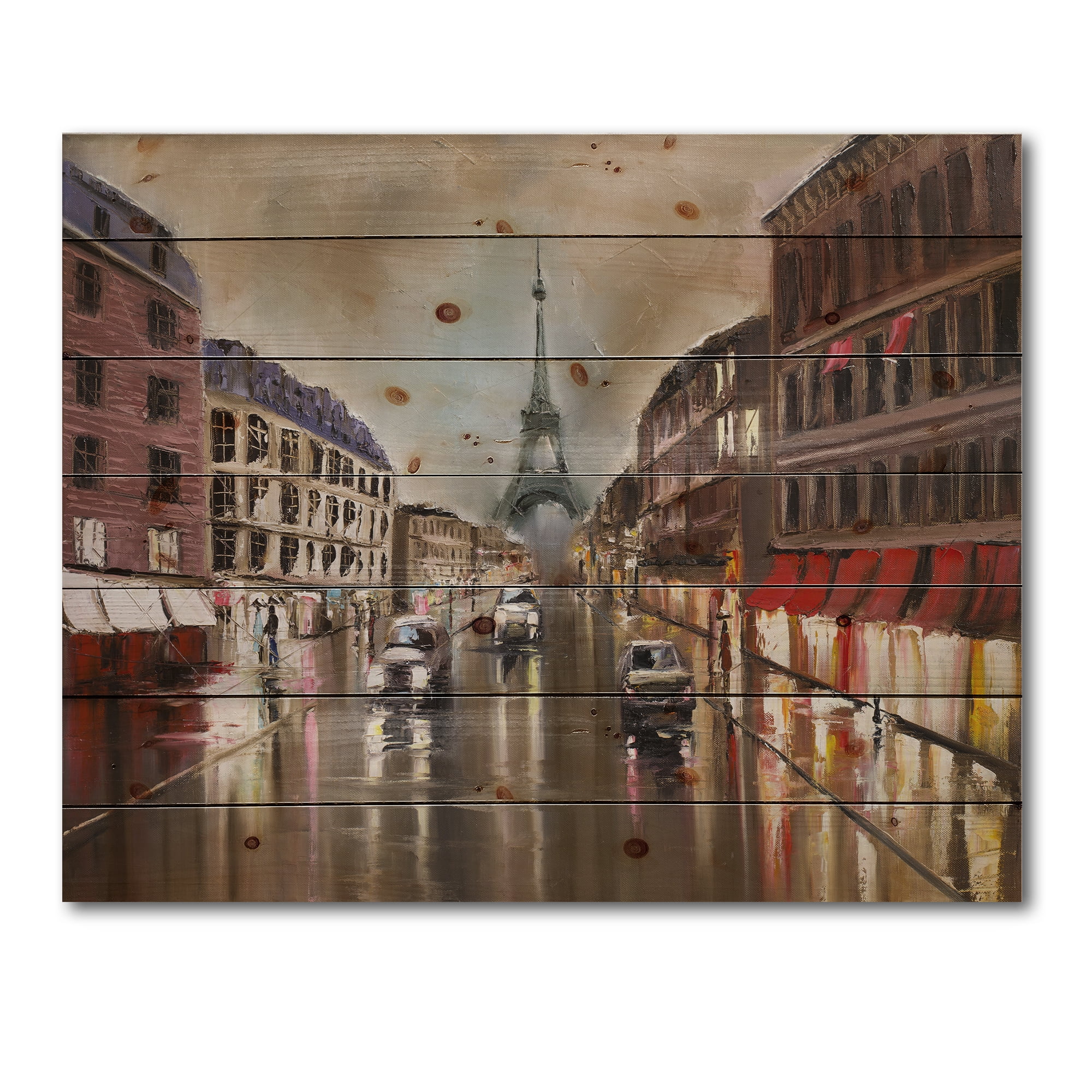 Designart 'Quiet Rainy Street In Gray Eiffel Tower Paris' Traditional Print on Natural Pine Wood