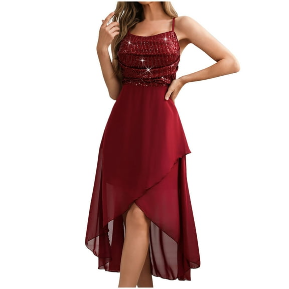 LYEAA Womens Holiday Dresses Sequins Sleeveless V Neck Glittery Chiffon Midi Dress Elegant Dress Plain Patchwork Evening Gown Cocktail Dress Irregular Slip Dress Party Club Dress Ruched Dress Red S
