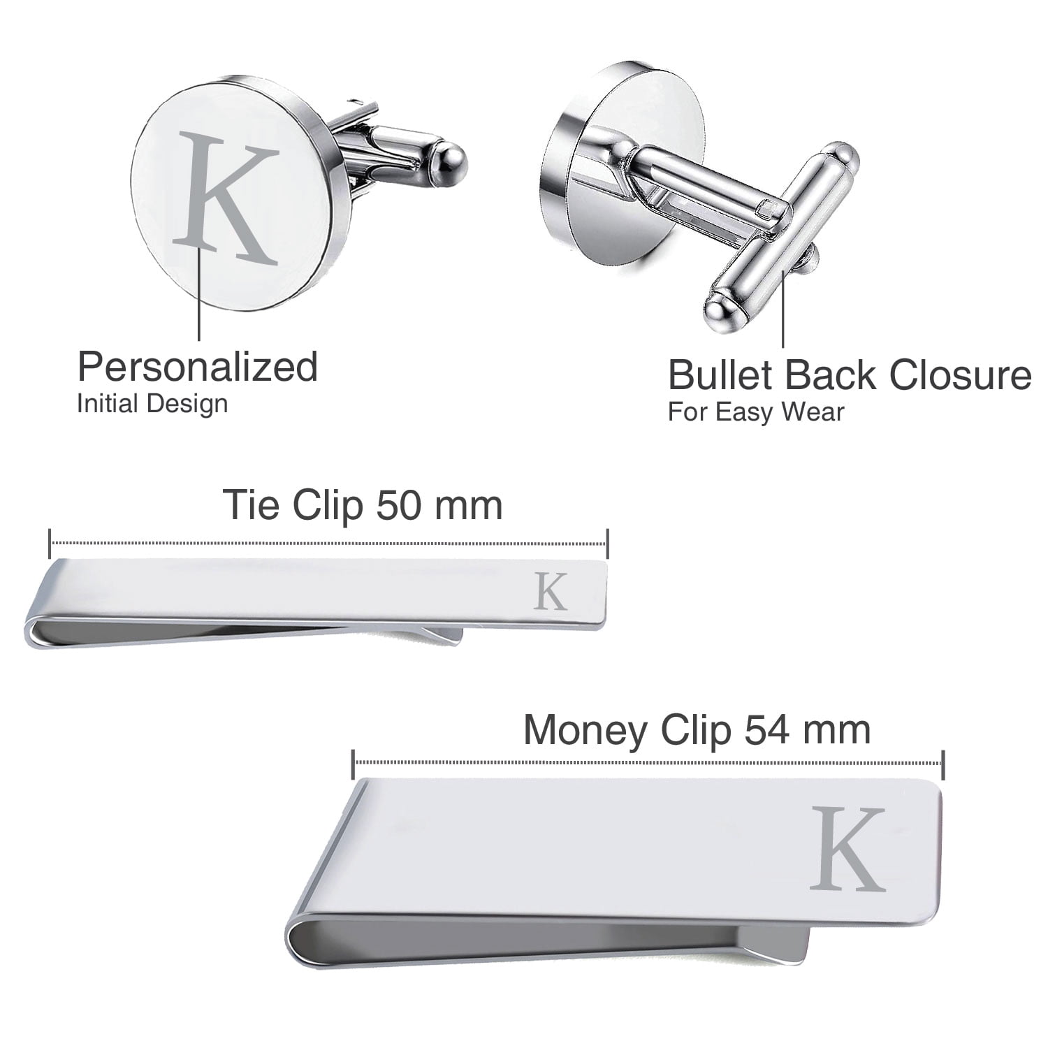 BodyJ4You 4PC Cufflinks Tie Bar Money Clip Button Shirt Personalized  Initials Letter I Gift Set