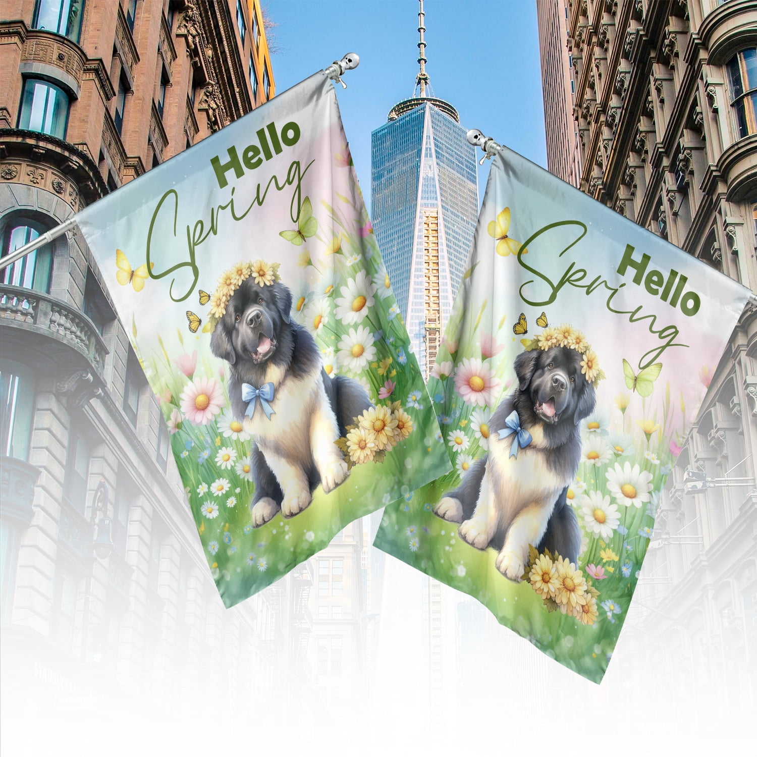 Newfoundland Hello Spring Time Flower Floral Nature House Flag 28x40in Double Sided Newfie Dog Lover Gifts Outdoor Decor - 02031