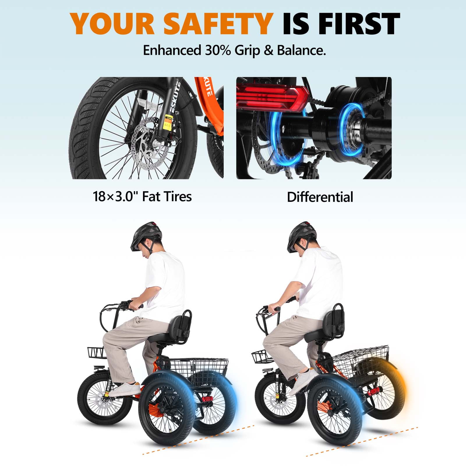 ESKUTE Orange E Trike Electric Bike, Peak 1200W Brushless Motor Folding Trike 18X3.0 Fat Tire Ebike, 499Wh Removable Battery, Step-Thru 3 Wheel Electric Bicycle, 48V 13AH 18MPH+ Tricycle for Adults