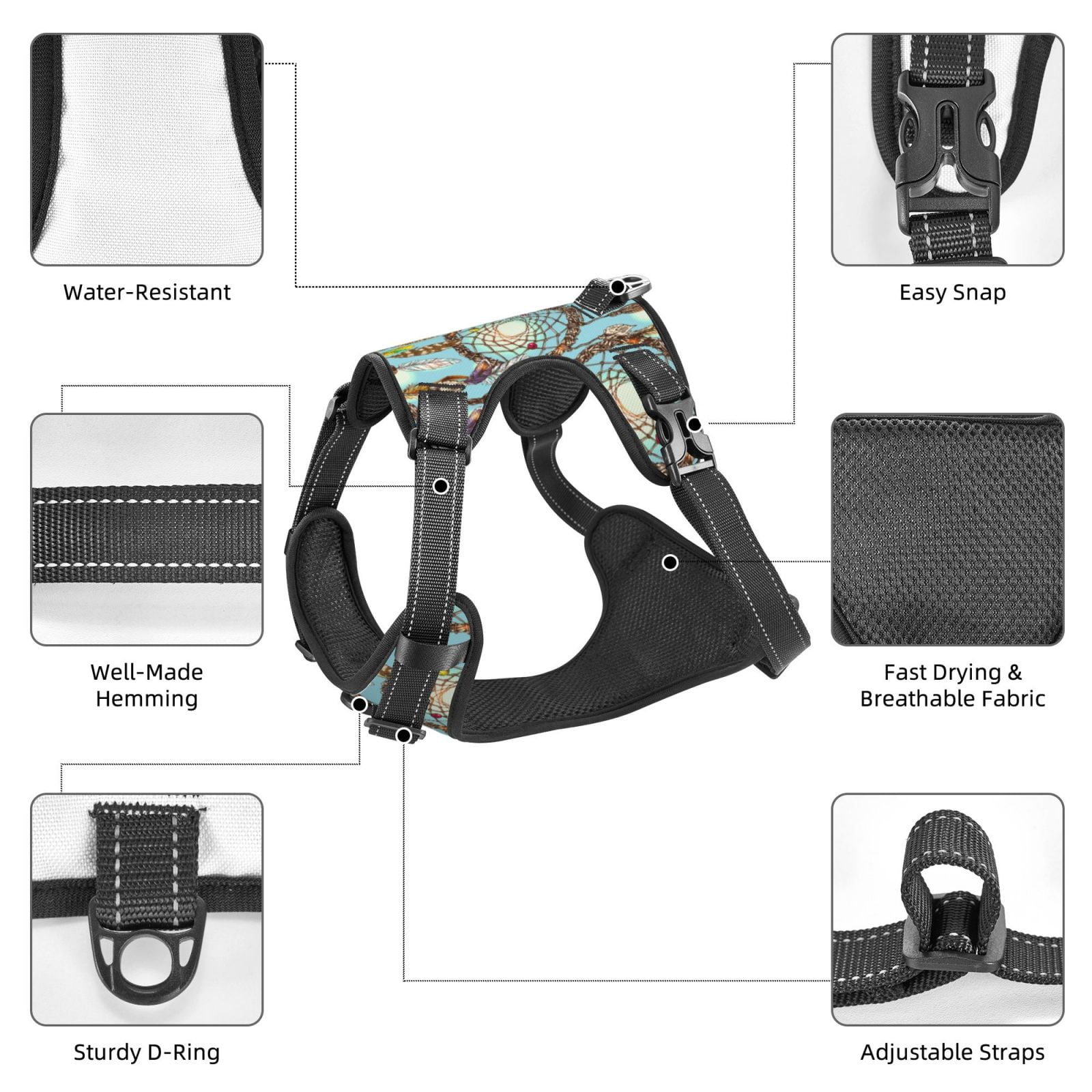 Vsdgher Boho Dreamcatcher 1 Dog Harness, No-Pull Pet Harness, Dog Vest, Pet Vest for Small to Large Dogs-Medium
