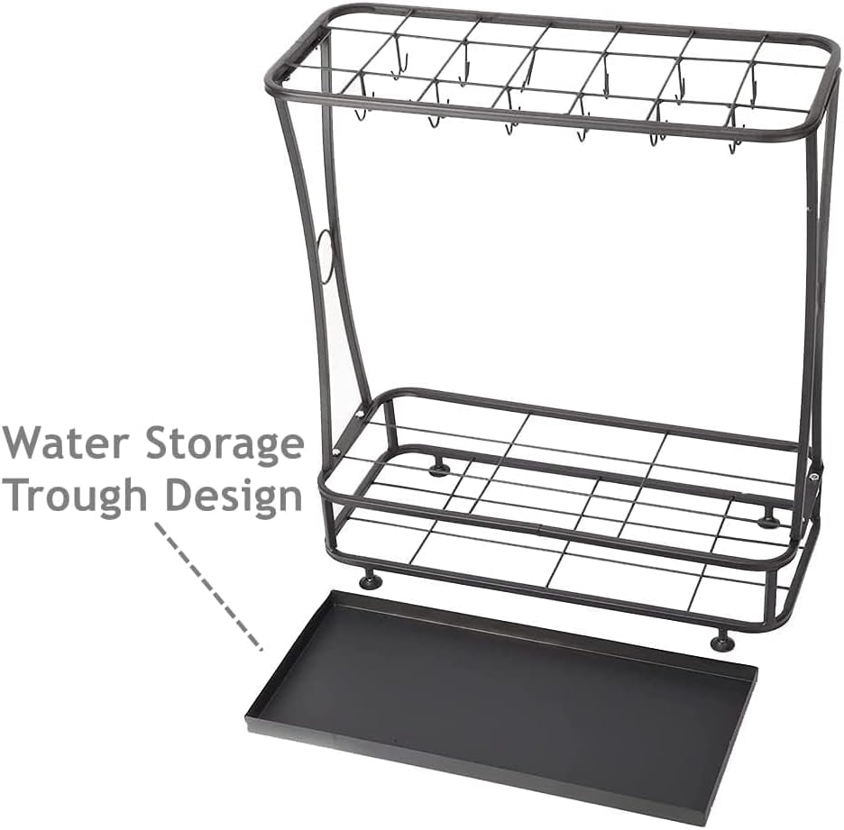 Umbrella Holder Stand with Removable Drip Tray, Slots and Hooks, Free Standing for Indoor Outdoor Home Office Entryway (Black)