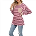 thumbnail image 2 of Camisas de Larga para Mujer, Cuello Redondo A Rayas, Corte Holgado, Camiseta de Bloques de Color Otoño 2025 con Bolsillo Rayas Rojas L, 2 of 10