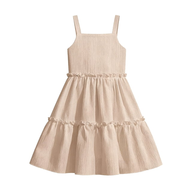 Tranfacy Girls Summer Dress Sleeveless Solid Color Ruffle Straps Tiered Layer Skirt A-Line for Teens Kids