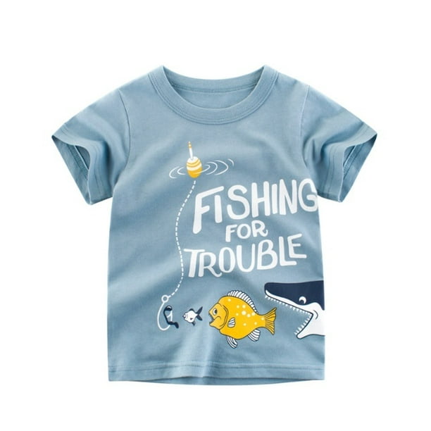 Kids Toddler Boys Cartoon Printed T-Shirt, Cute Fishing Pattern Letter  Short Sleeve Tee Tops 