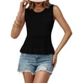 thumbnail image 5 of BiZtdJrK Womens Crew Neck Tank Tops Sleeveless Ruffle Hem Tanks Solid Color Pullover Blouse Black S, 5 of 6