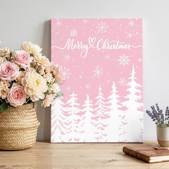 Canvas Wall Art, Pink Christmas Trees Framed Canvas Prints for Bedroom Living Room, Winter Xmas Snowflakes Pine Forest Gallery Wrapped Wall Decor for Home Office, Gifts, 12"x18" Ship Next Day
