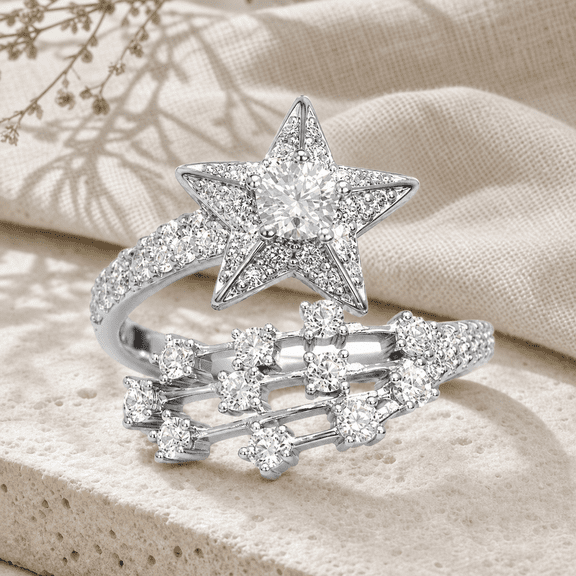 Adjustable CZ Star Ring for Women, Silver Tone Copper Open Band Ring