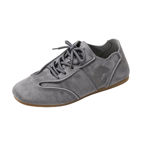 QWKLEAJ Womenβs Lace Up Suede Flat Sneakers, Minimalist Moccasin Casual Walking Shoes Lightweight Non Slip Low Profile Trainers for Daily Street Outdoor Fashion Footwear Gray 8