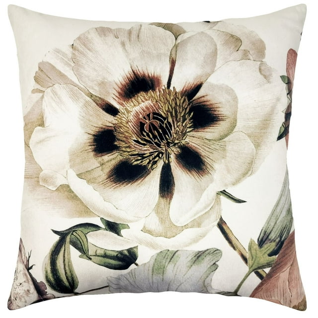 hometrends decorative pillow featuring a large beige flower with dark brown accents and green leaves on white fabric.