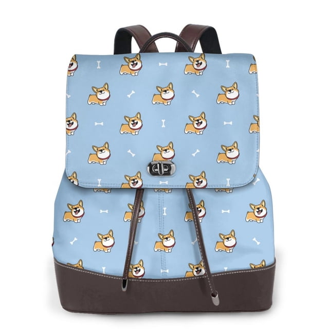 Disketp Cute Cartoon Corgi Mochila de Cuero para Mujer, Bolso de Espalda Antirrobo con Estilo para Viaje, Trabajo y Uso Diario