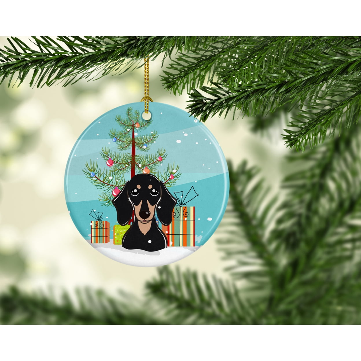 Carolines Treasures BB1587CO1 Christmas Tree and Smooth Black and Tan Dachshund Ceramic Ornament 3 in multicolor
