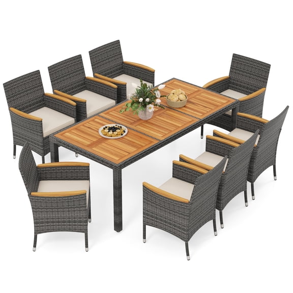 Costway 9 Pieces Outdoor Wicker Dining Set with Acacia Wood Table and 8 Armchairs