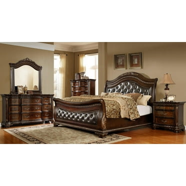 Cherry Leather Headboard Sleigh Cal King Bedroom Set 6P McFerran B9588 Classic