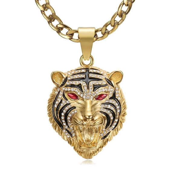NEGS 18K Gold Plated Roaring Tiger Head Pendant Punk Rock Stainless Steel Necklace for Men Women, 24‘’ 7mm Chain Animal Gift