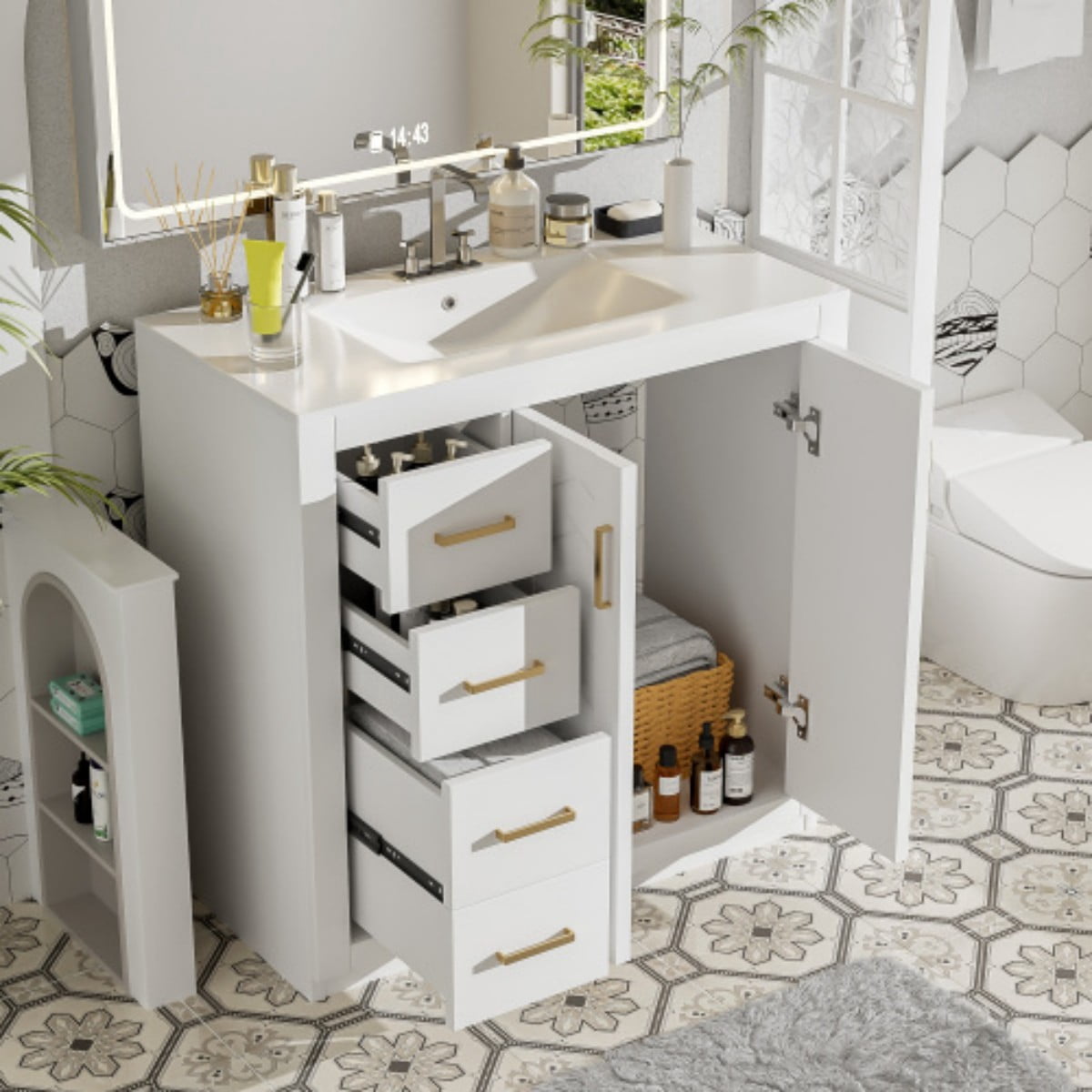 36" Bathroom Vanity with Sink, Freestanding Bathroom Vanity Cabinet with Ceramic Sink, Solid Wood Frame, 3 Drawers & Soft Close Doors, Modern Storage Cabinet, White