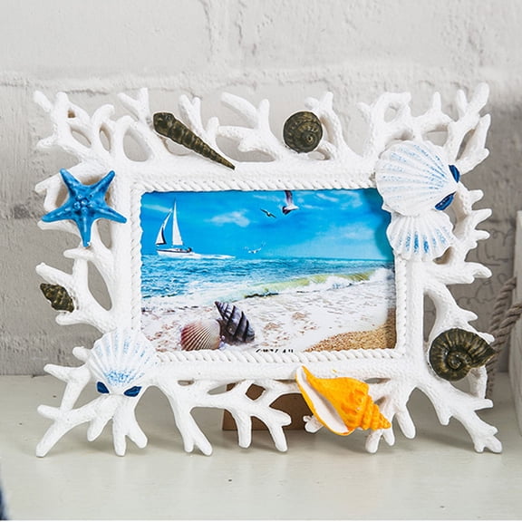 HOOWIFFY Nautical White Shell Photo Frame Resin Picture Holder for Home and Wedding Display
