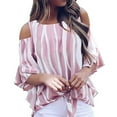 thumbnail image 2 of Ichuanyi Womens Tops Clearance Summer Women Blouse Striped T-Shirts Off Shoulder Waist Tie Short Sleeve Casual Tops, 2 of 8