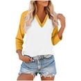 thumbnail image 2 of Womens Tops Plus Size under $10 3/4 Sleeve V-Neck Patchwork T-shirt Pullover Blouse Yellow XXL, 2 of 5