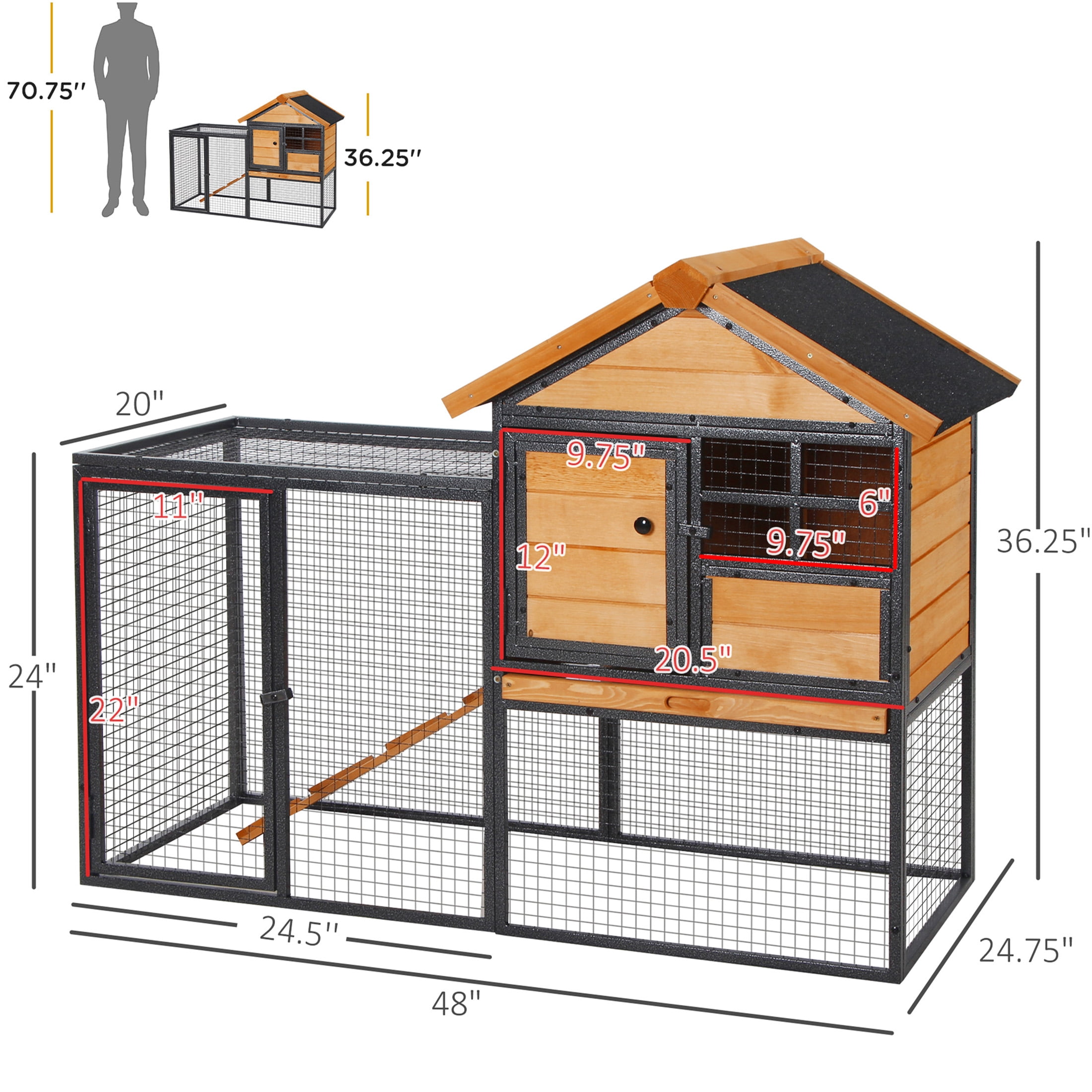 JERFIT Outdoor Rabbit Hutch with Ramp, 2-Level Wooden Bunny House with Waterproof Asphalt Roof, Removable Tray for Rabbits, Guinea Pigs, Chinchillas