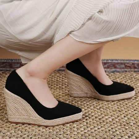 

Aayomet Beach Sandals for Women Point Toe Wedge Heel Fisherman Shoes High Single Shoes Women Platform Straw Women Satin Black 6.5